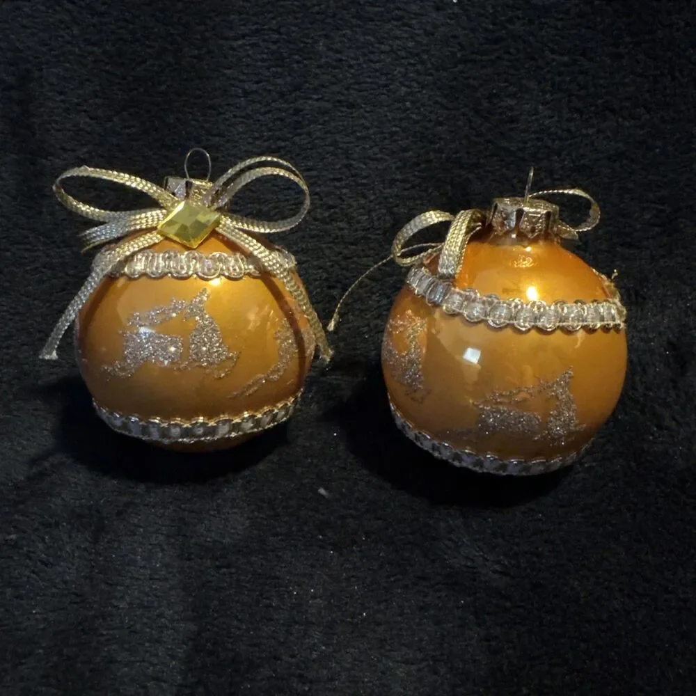 2 Vintage 50s Shiny Brite Gold Glitter Reindeer Ribbon Christmas Ornaments